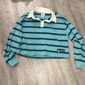 Champion Teal and Black Striped Cropped women’s polo